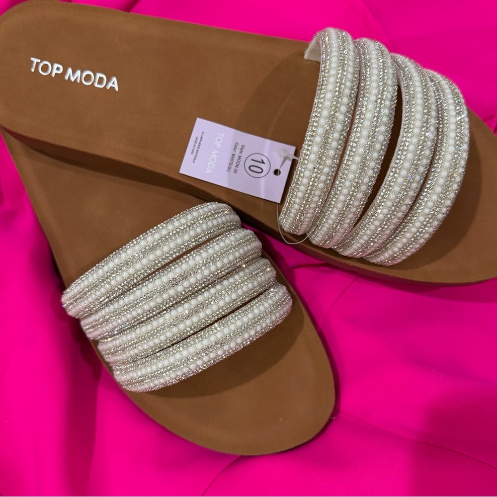 TOP Moda Pearl-Strap Slide Sandals in White and Tan